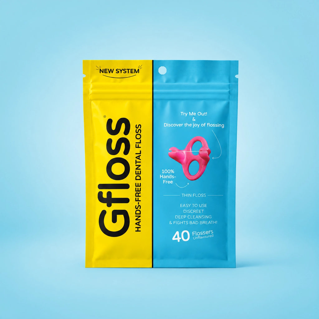 Gfloss Starter Pouch with 40 hands-free dental flossers for easy daily oral care.