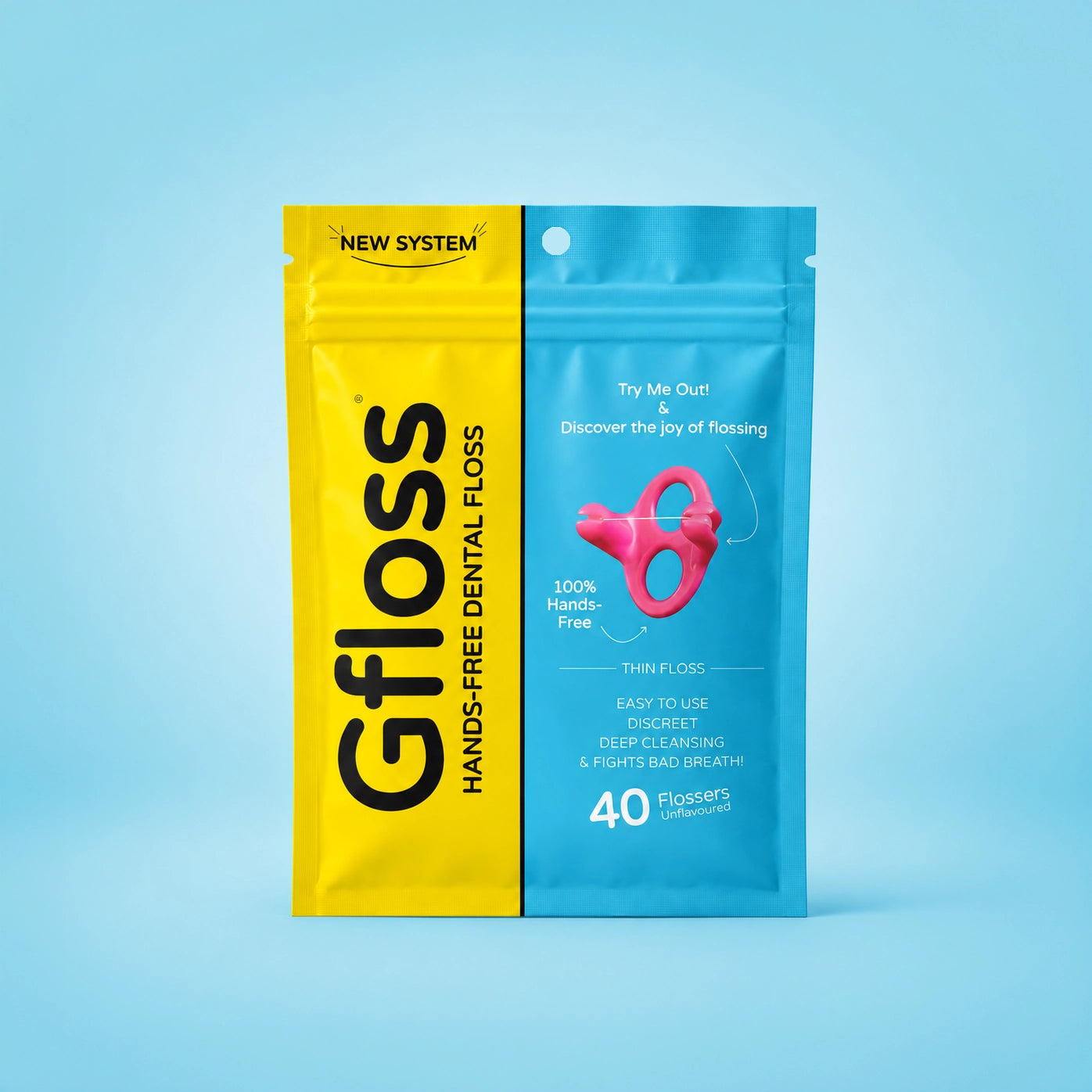 Gfloss Starter Pouch with 40 hands-free dental flossers for easy daily oral care.