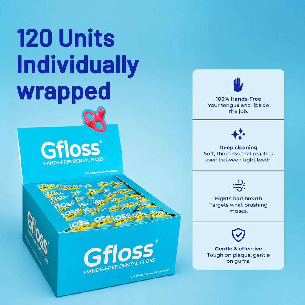 Gfloss 120-count hands-free dental floss box with individually wrapped flossers for easy daily use.