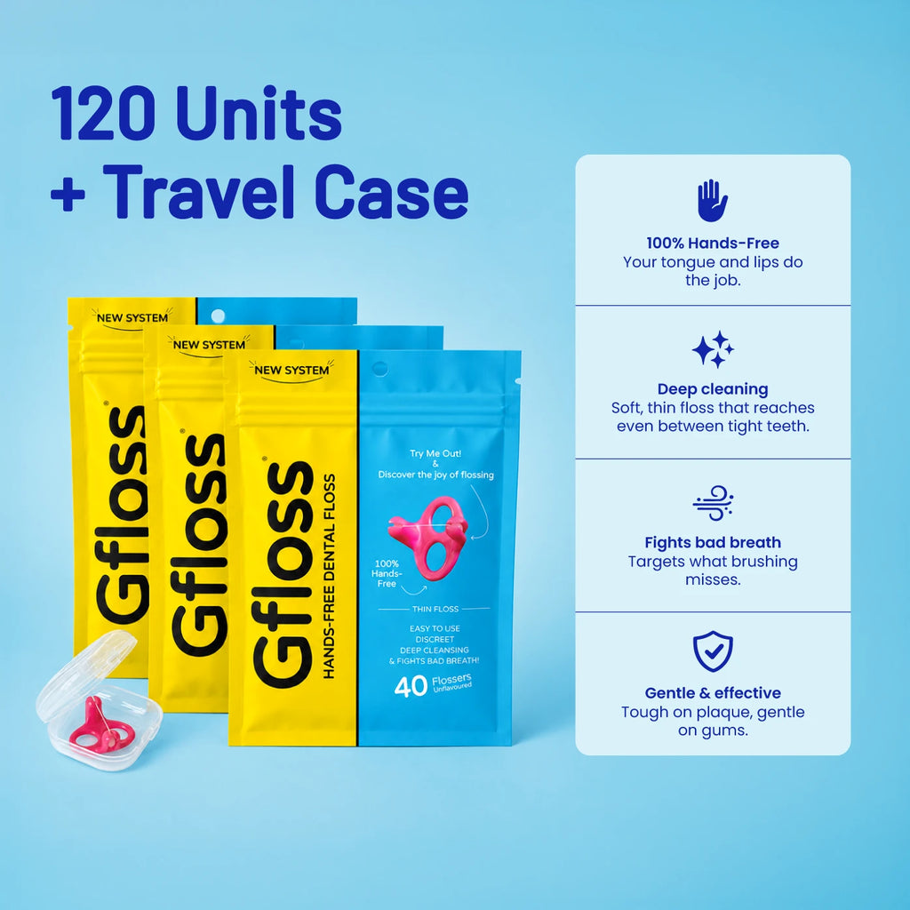 Gfloss Pack of 3 with 120 hands-free dental flossers and a reusable travel case.
