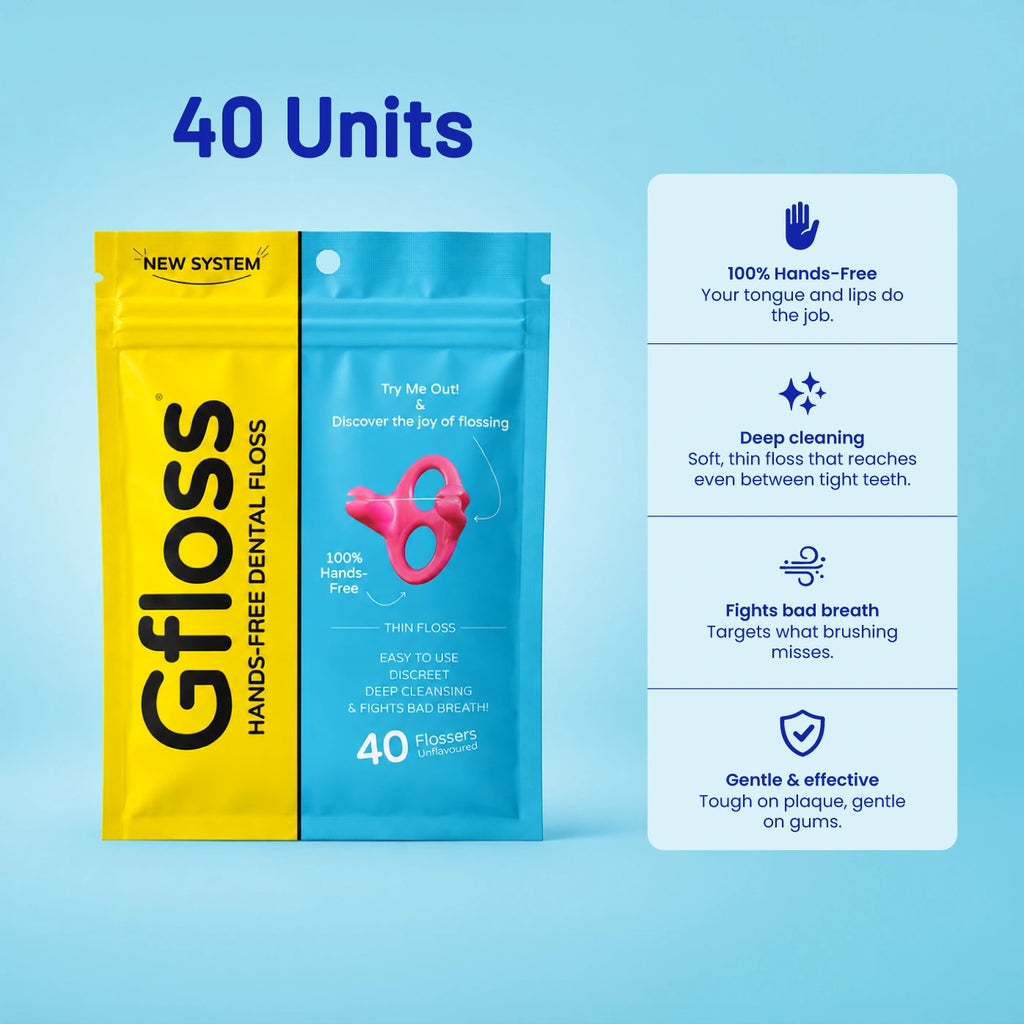 Gfloss 40-count hands-free dental floss Starter Pouch with soft thin floss for daily use.