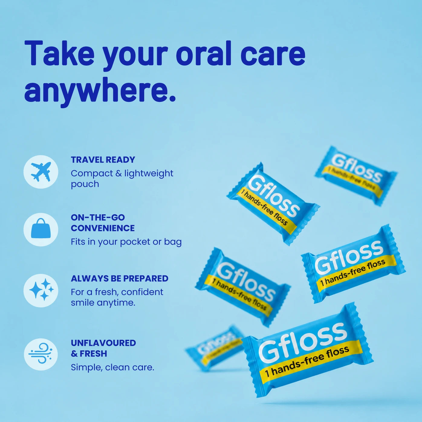 Gfloss individually wrapped hands-free dental floss packets for travel and on-the-go oral care.