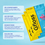 Gfloss hands-free dental floss features including ultrafine filaments, airflow holes, reusable design, and PFAS-free materials.