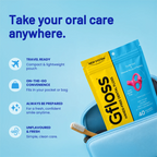 Gfloss Starter Pouch hands-free dental floss packed in a toiletry bag for travel and on-the-go oral care.