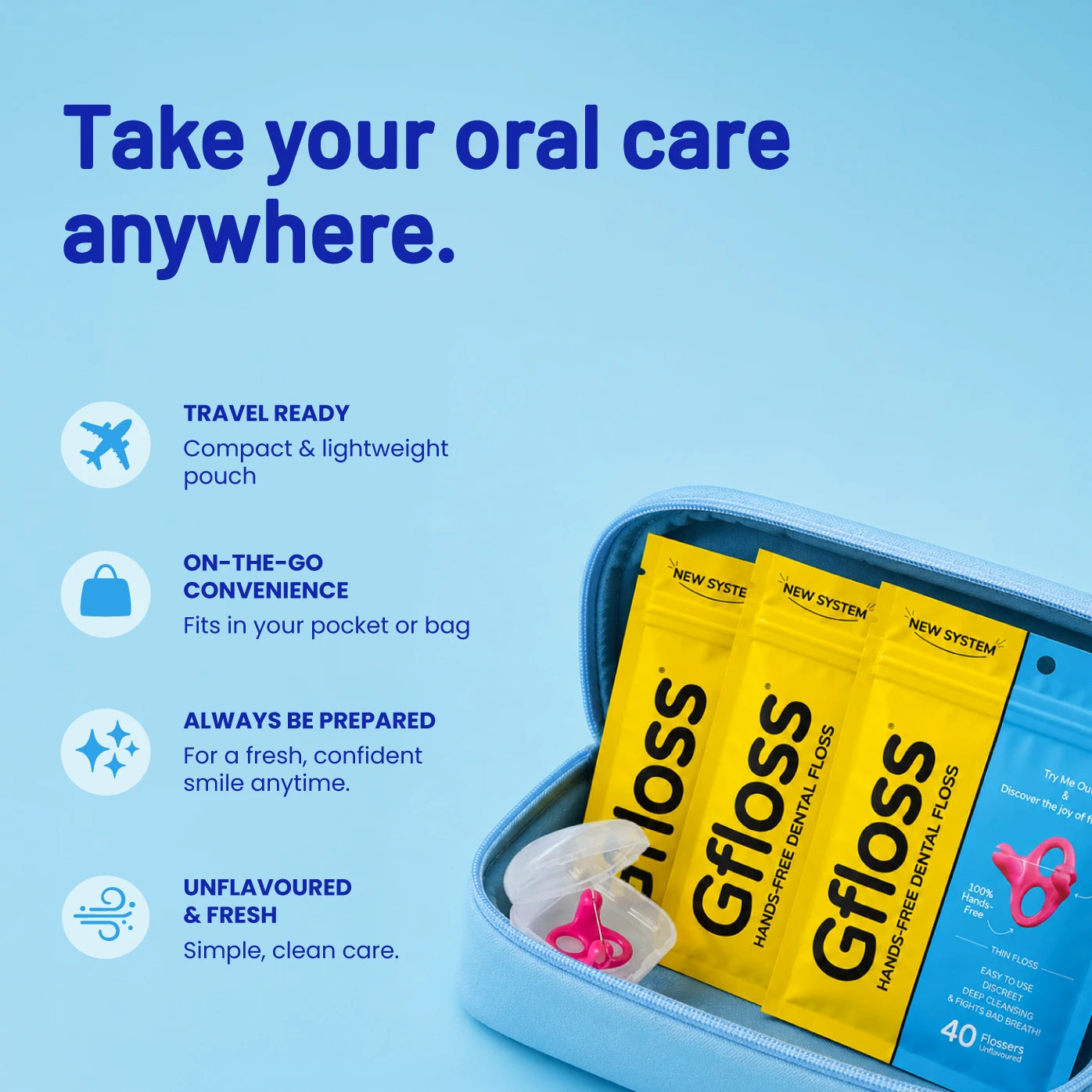 Gfloss Pack of 3 hands-free dental floss bags and travel case for on-the-go oral care.