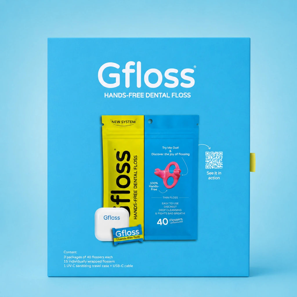 Gfloss hands-free dental floss packaging on a blue background