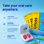 Gfloss dental floss packaging with travel case on a blue background