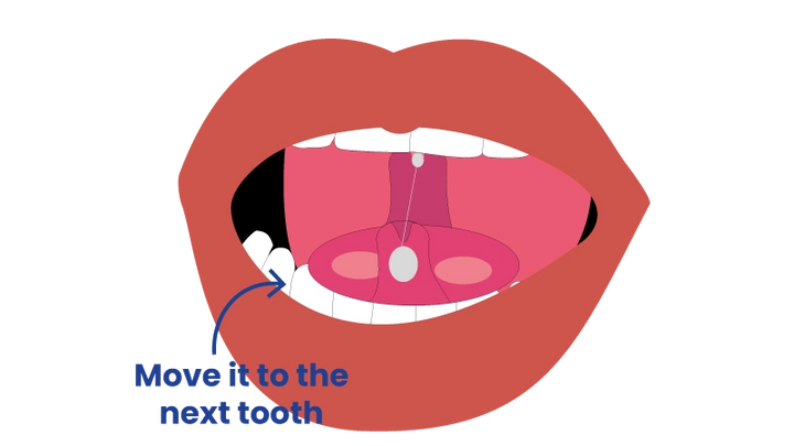 Now it's back on your tongue. Move it to the next front tooth and repeat.