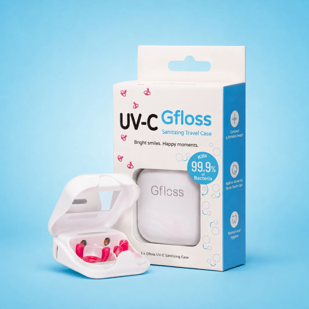 Gfloss UV-C sanitizing travel case with packaging on a blue background