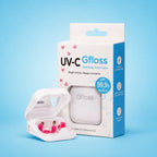 Gfloss UV-C sanitizing travel case with packaging on a blue background