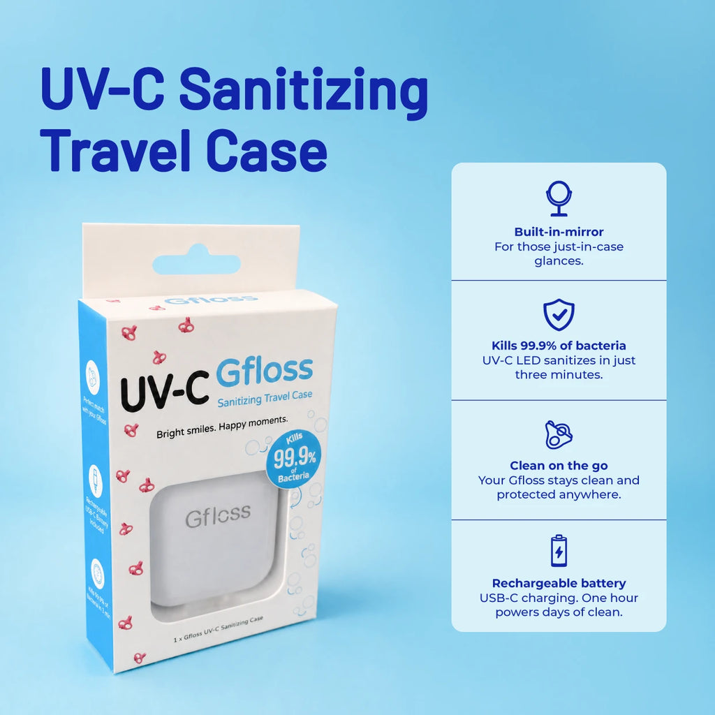 UV-C Sanitizing Travel Case packaging with features listed on a blue background
