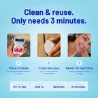Product UV-C travel case with text 'Clean & reuse. Only needs 3 minutes.' on a blue background.
